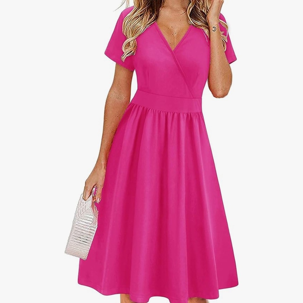 VOTEPRETTY Women's Summer Faux Wrap Short Sleeve V Neck Dress with Pockets
